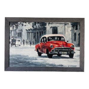 Modern Impressionist Havana Cuba Street Scene Oil on Canvas Painting With Red Classic Car, Signed