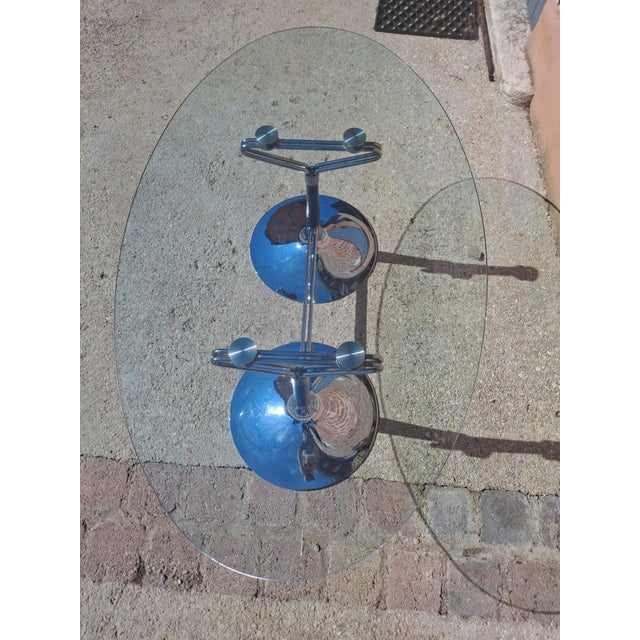 Oval Table in Glass, Chrome and Walnut, 1970s For Sale - Image 9 of 11