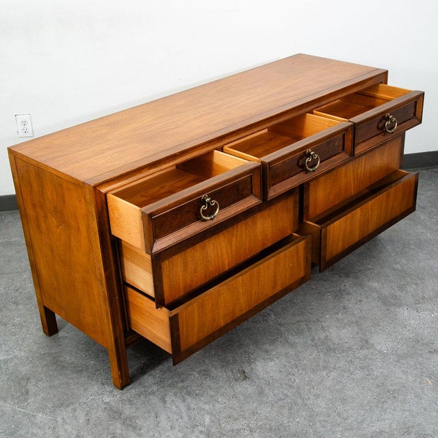 1960s Mid Century Modern Dresser Credenza 7 Drawer Basic Witz Wood Vintage MCM Brass For Sale - Image 5 of 12