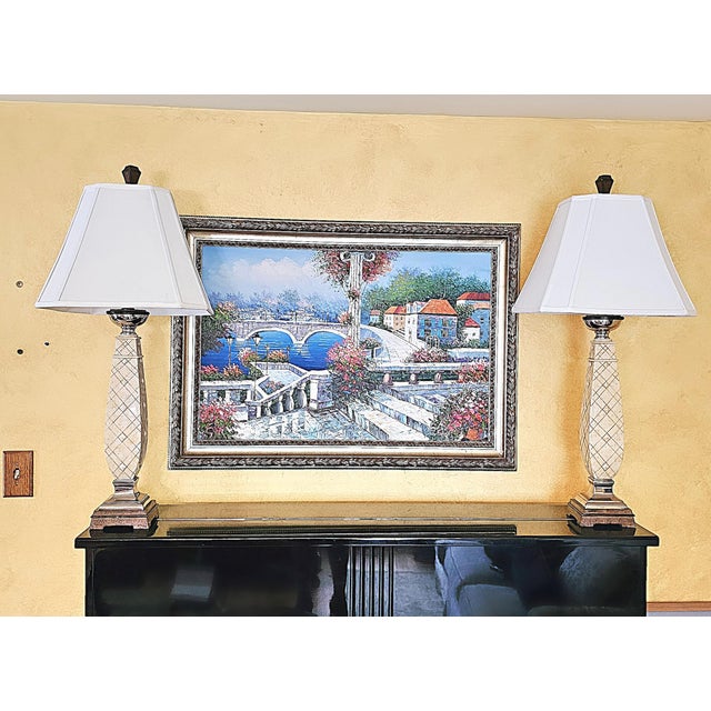 Pair of Berman Chrome, Marble & Ivory Table Lamps With Swivel Base and White Fabric Shades For Sale - Image 12 of 12