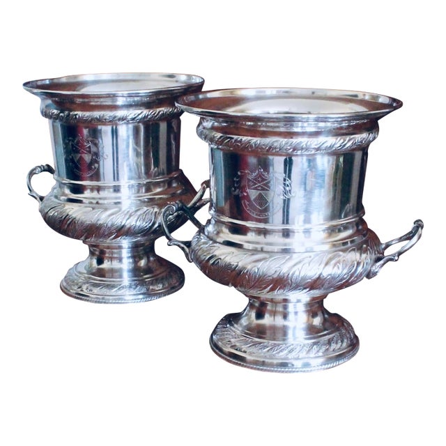 Pair English Silver Plate Campagna Urns- Champagne / Wine Coolers For Sale