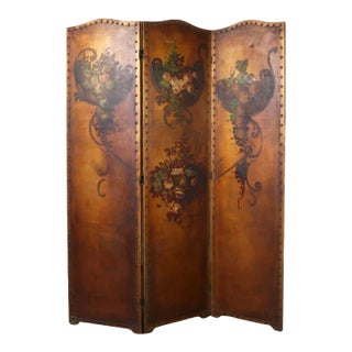 Vintage French Leather Folding Screen For Sale