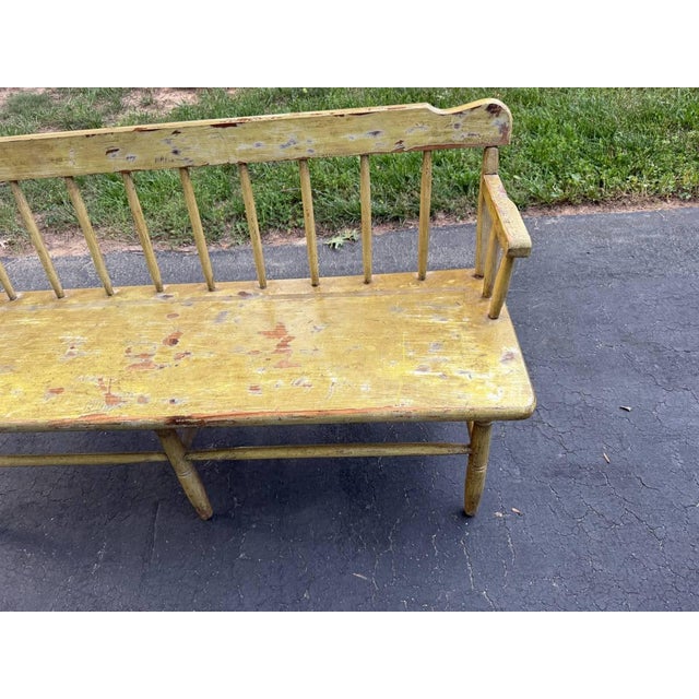 Vintage Early American Primitive Style Yellow Painted Deacon's Bench Solid pine wood frame, spindle back , good condition...
