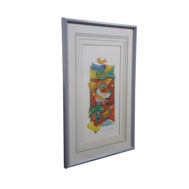 Vintage Judith Bledsoe framed bird lithograph titled A Charm of Finches. The piece features vibrant, multicolored birds...