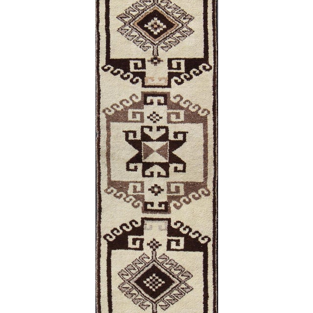 Bold Vintage Turkish Tulu Gallery Rug With Tribal Design in Dark Brown and Cream 3'4 X 11'2 For Sale - Image 4 of 12