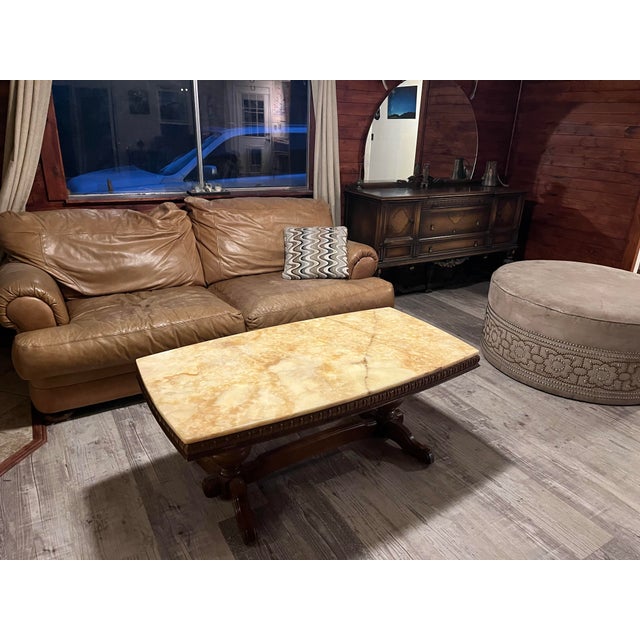 Wood Vintage Italian Provincial Yellow Onyx Top Coffee Table With Carved Wood Base For Sale - Image 7 of 8