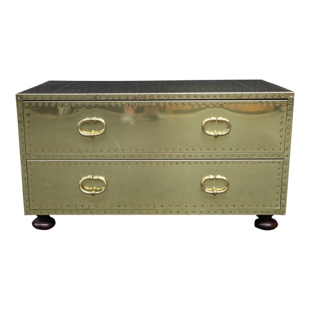 Sarreid Brass Clad Campaign Style Two-Drawer Chest For Sale