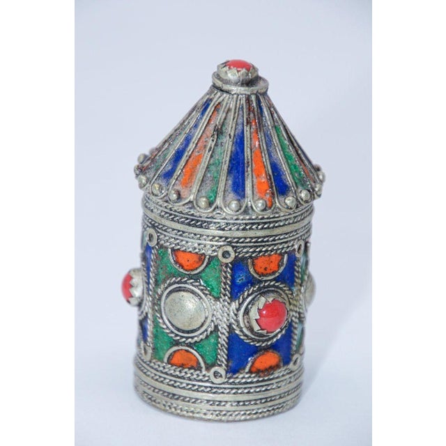 Antique Kabyle Berber Silver & Enamel Kohl Jewelry Box, Algeria, Circa 1920s For Sale - Image 10 of 17