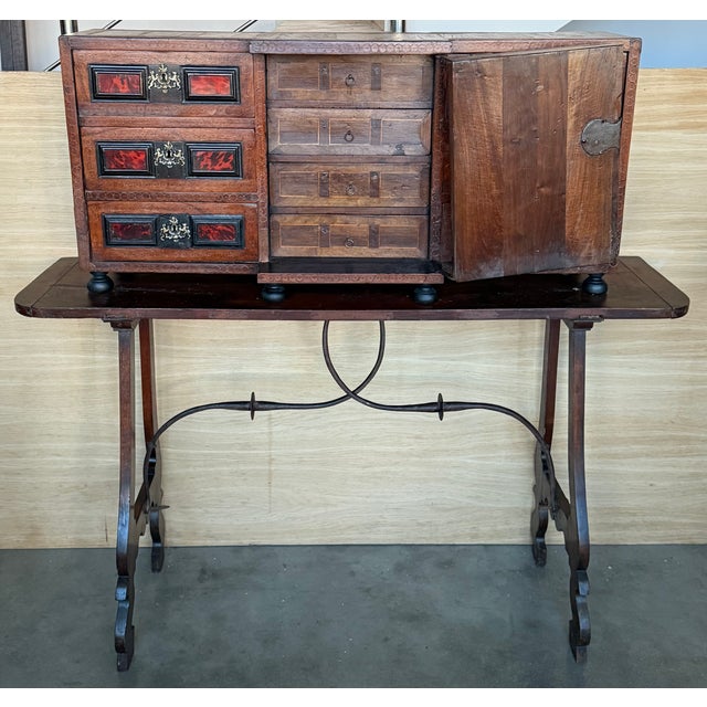 Mid 19th Century Early 19th Century Spanish Walnut Bargueño Cabinet on Stand With Iron Stretcher For Sale - Image 5 of 17
