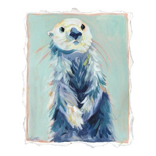 Otterson - Abstract Blue Cool Tone Cute Sea Animal Mixed Media Painting Artwork by Kellie Newsome For Sale