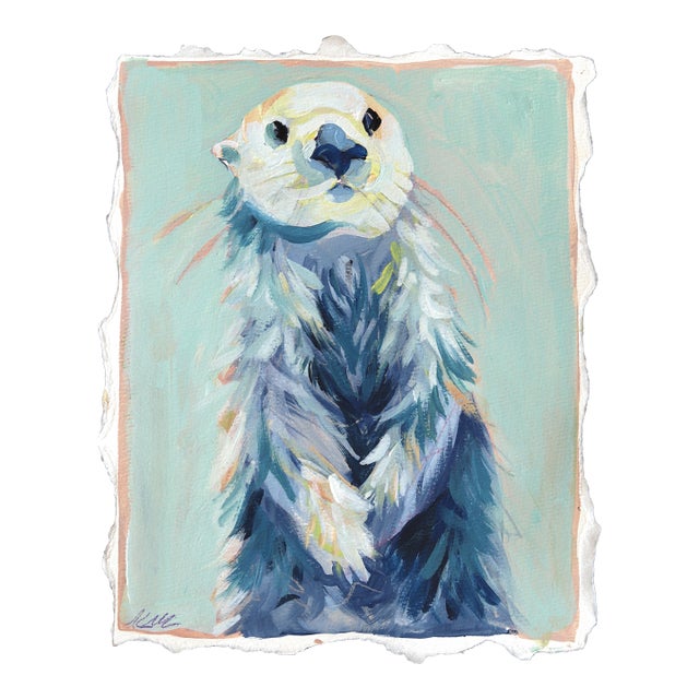 Otterson - Abstract Blue Cool Tone Cute Sea Animal Mixed Media Painting Artwork by Kellie Newsome For Sale