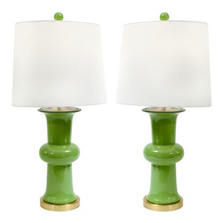 Green Porcelain With Gilt Brass Base Table Lamps - a Pair For Sale
