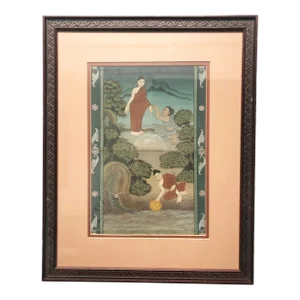 Pair Antique Thai Manuscript Gouache Paintings, Framed - Set of 2
