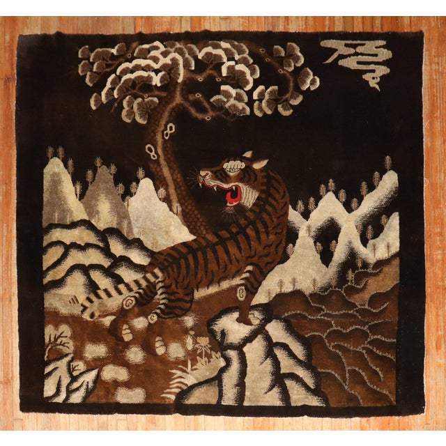 Expressionism Antique Zabihi Collection Chinese Tiger Pictorial Large Square Rug - 7'3" x 8'1" For Sale - Image 3 of 12