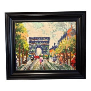 Arc De Triomphe in Paris, Created With Thick, Textured Impasto Brushstrokes. Vintage Oil Painting on Canvas. For Sale