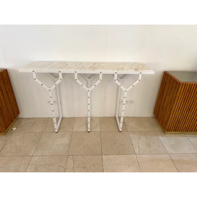 Contemporary Console Table Y White Lacquered Metal Brass and Marble. Italy For Sale - Image 10 of 12
