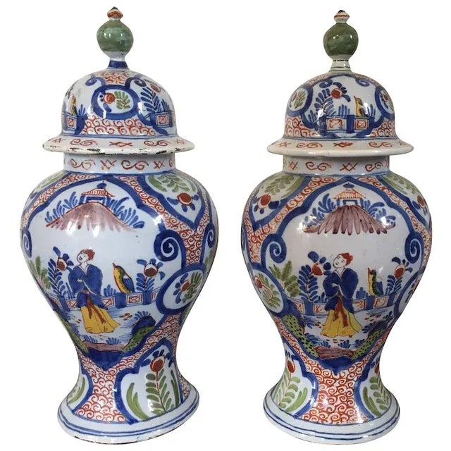1765 Polychrome Delft Tin Glaze Faience Pottery Covered Baluster Urns - a Pair For Sale - Image 11 of 11
