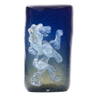 French Blue Glass Vase with Lion, 1960s For Sale