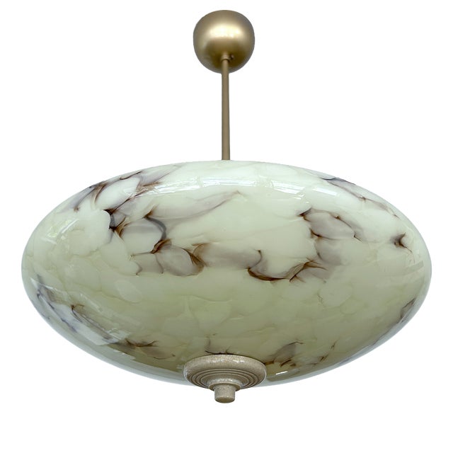 Art Deco Pendant Light in Ivory Marble Glass, 1930s For Sale