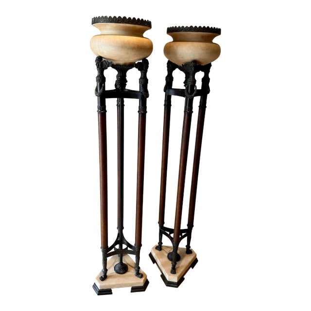Vintage Neoclassical Bronze & Alabaster Torchiere Floor Lamps - Pair For Sale