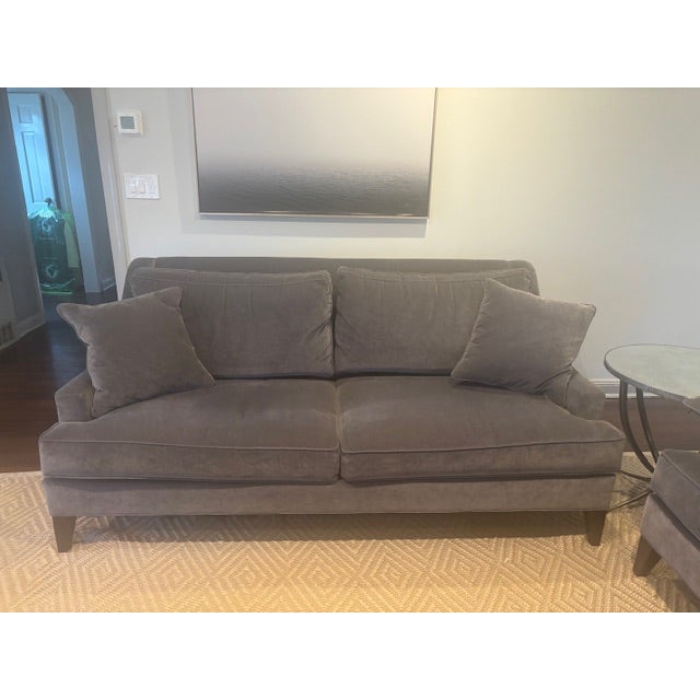 2 Ethan Allen charcoal gray velvet, comfortable 2 seater sofas Very good condition Dark brown wood feet