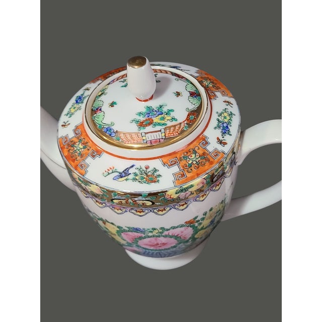 Late 20th Century Vintage Chinoiserie Famille Rose Hand Painted Tea Pot-Sugar Bowl & Creamer Set- 3 Pieces For Sale - Image 5 of 11