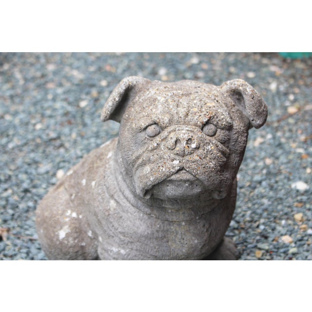 Cast stone bull dog garden figure, English, mid-20th century. Nice patina. A chubby, charming fellow! 7.5" w., 13.25" d.,...