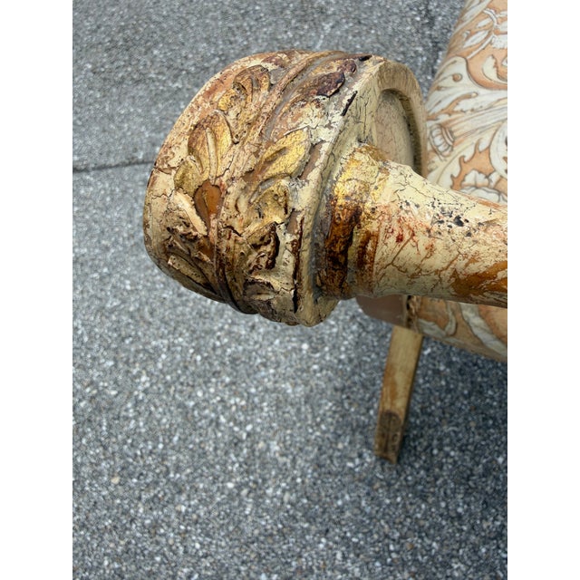 Mid 20th Century Mid 20th Century Italian Distressed Carved-Wood Curule Stool W/ Versace Pattern Seat Cushion For Sale - Image 5 of 15