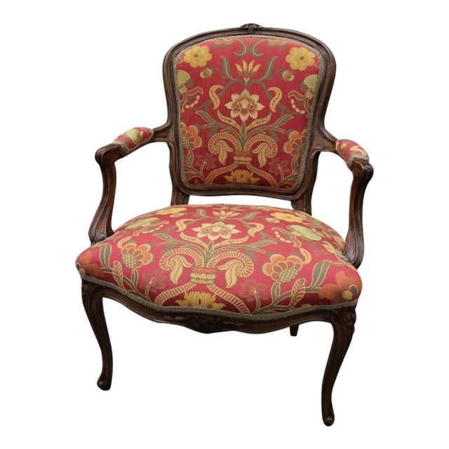 Mid 20th Century French Louis Style Carved Side, Accent Armchair, New Upholstery For Sale