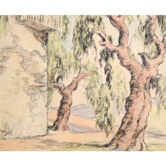 1930s Corkscrew Willows With Stairs - Hand Colored Drypoint Etching California Adobe by Orpha Klinker For Sale - Image 5 of 9