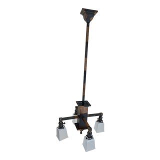 Vintage 1930s Mission Style Four Arm Brass Chandelier With Japanned Finish For Sale