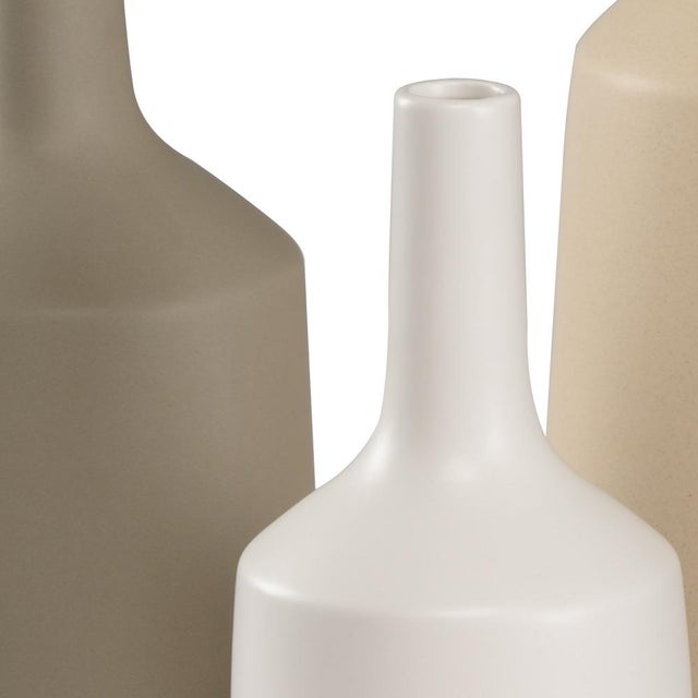 Set of 3 ceramic vases with white, charcoal and tan glaze small 12.5"H x 5.5"W x 5.5"D medium 16"h x 6.5"W x 6.5"D large...