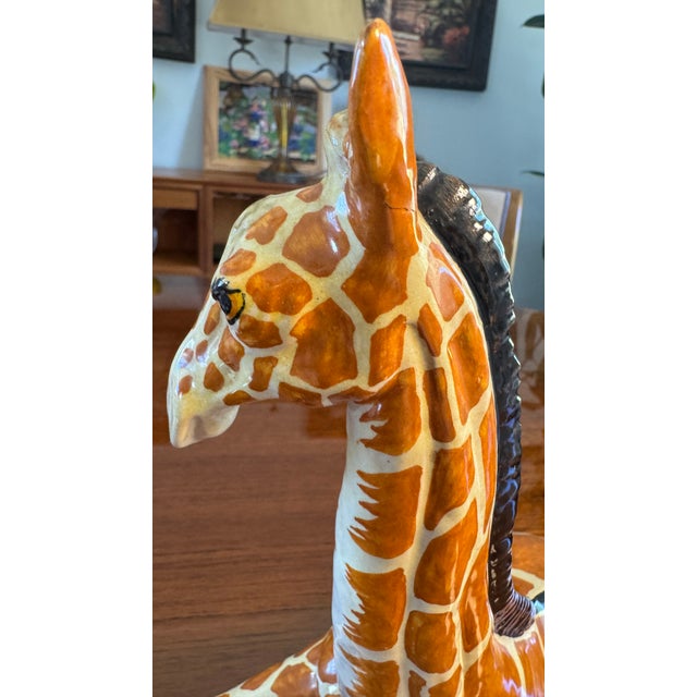 Hollywood Regency Hollywood Regency Glazed Terracotta Sculpture of a sSeated Giiraffe. Made in Italy Stamped Pristine For Sale - Image 3 of 9
