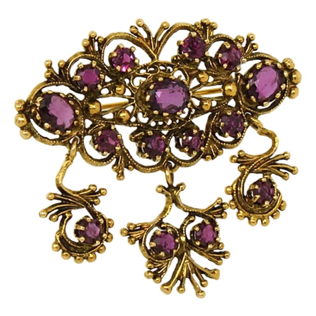 Antique Amethyst Tourmaline 14k Gold Floral Dangle Pendant Pin Brooch For Sale