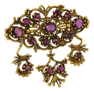 Antique Amethyst Tourmaline 14k Gold Floral Dangle Pendant Pin Brooch