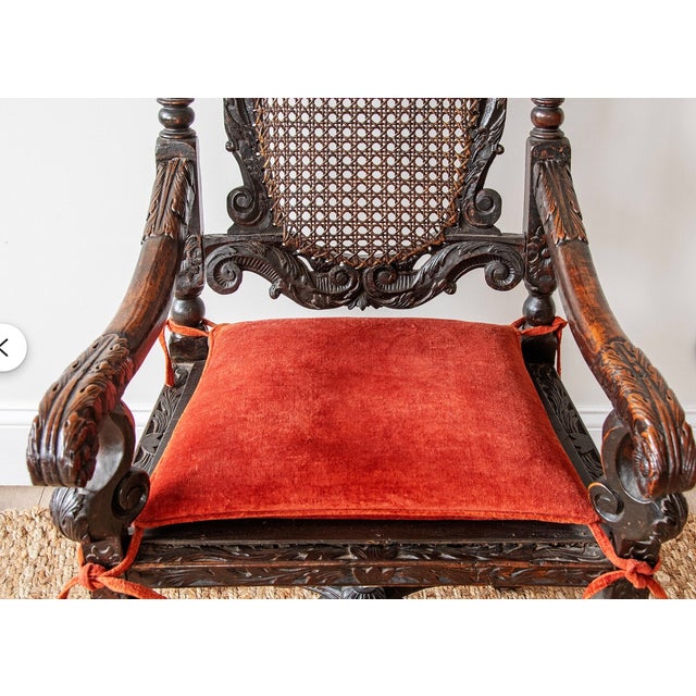 Brown Pair of Monumental Carved Oak Ceremonial Throne Chairs in the Charles II Restoration Style | Ca. 1880 For Sale - Image 8 of 8