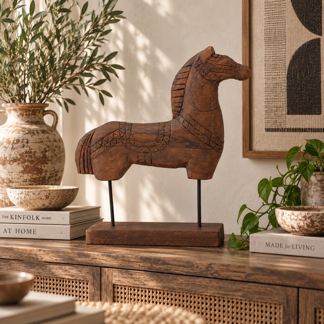 Mid-Century Modern Tall Rustic Scandinavian Nordic Style Carved Solid Wood Folk Art Horse Sculpture For Sale - Image 3 of 10