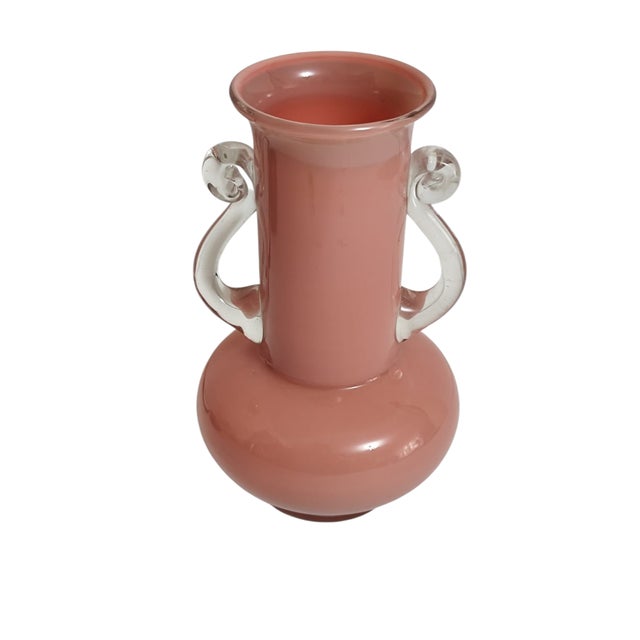 Postmodern Pink Opaline Art Glass Amphora Vase With Clear Scroll Handles by Jerzy Sluczan-Orkusz, Poland 1970s For Sale - Image 4 of 4