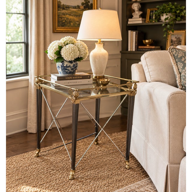 Vintage Maison Jansen Style Hollywood Regency Accent Table | French Neoclassical Brass Lion Head & Paw Feet | Glass Top Side Table For Sale - Image 16 of 16