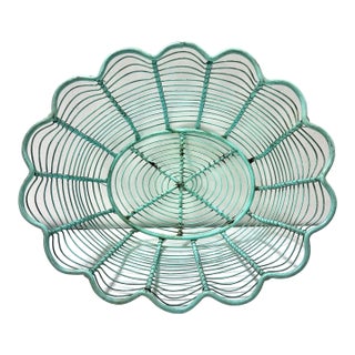 Vintage Turquoise Scalloped Wire Fruit Basket For Sale