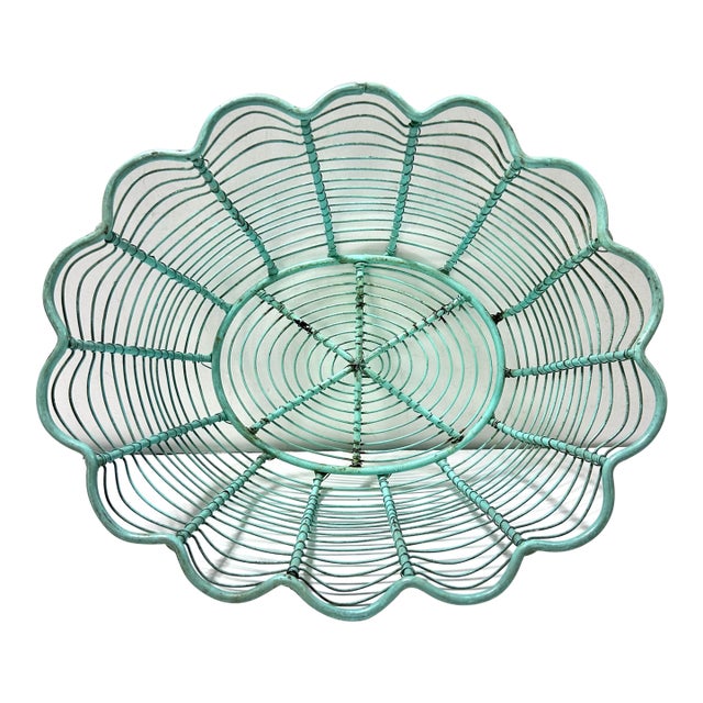Vintage Turquoise Scalloped Wire Fruit Basket For Sale