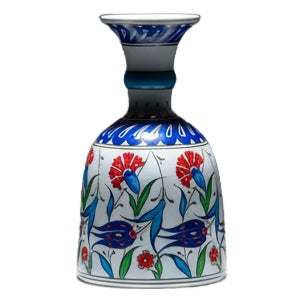 Handmade Ceramic “Bell” Vase (20cm) – Red Carnations & Turquoise Neck – Classical Iznik Vase For Sale