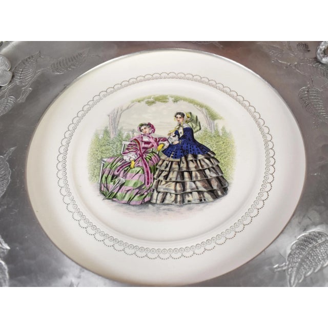 Victorian Hand Hammered Wrought Farberware Brooklyn Ny With Inserted China Plate Platter Tray For Sale - Image 6 of 11