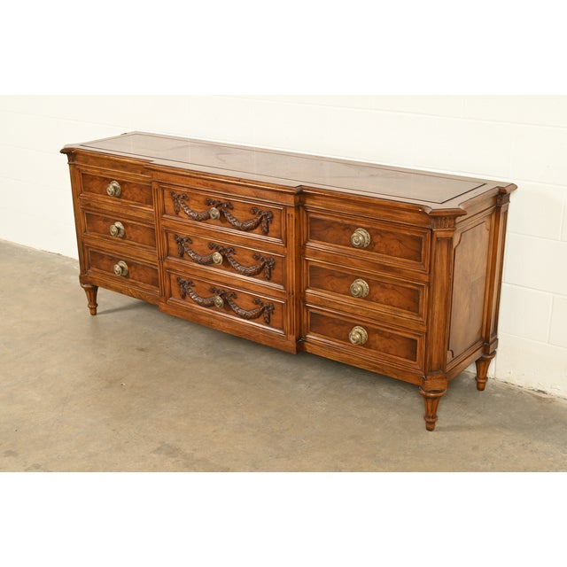 Karges Furniture Karges French Regency Louis XVI Burled Walnut Triple Dresser or Credenza For Sale - Image 4 of 15