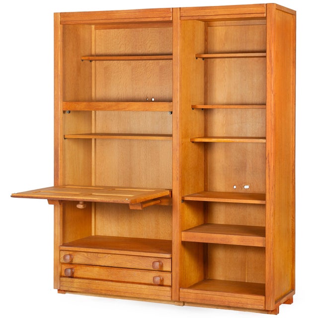 Modern Guillerme Et Chambron Oak Secretary Desk Bookcase, France Circa 1960 For Sale - Image 3 of 16