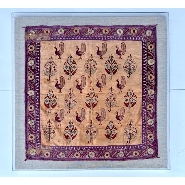 Indian Antique Indian Silk Embroidery Textile, Framed For Sale - Image 3 of 18
