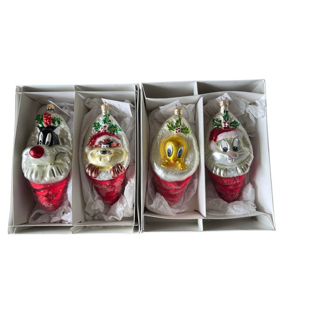 Rare set of 4 Christopher Radko Lonney Tunes Ornament set with original box, Radko metal tags and caps. Limited Edition....