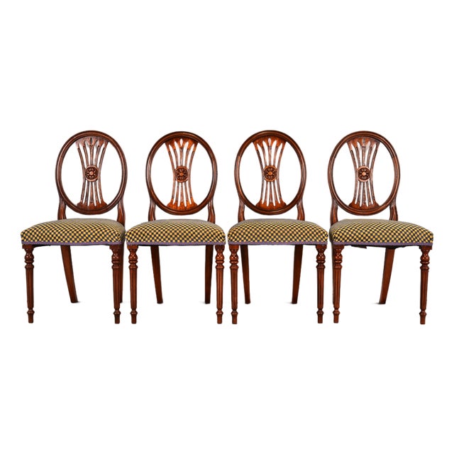 French Regency Louis XVI Carved Mahogany Dining Chairs by Bevan Funnell, Set of Four For Sale