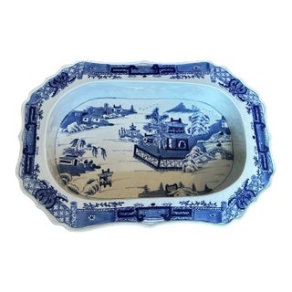 Antique Blue and White Chinoiserie Warming Dish With Pagoda Scenes For Sale