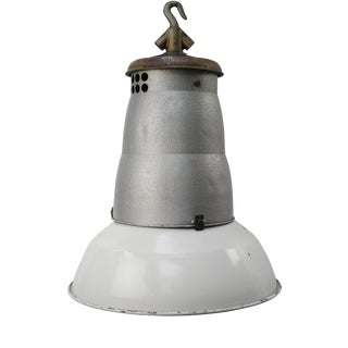 Large Vintage Industrial French Light Grey Enamel Pendant Light from Mazda For Sale